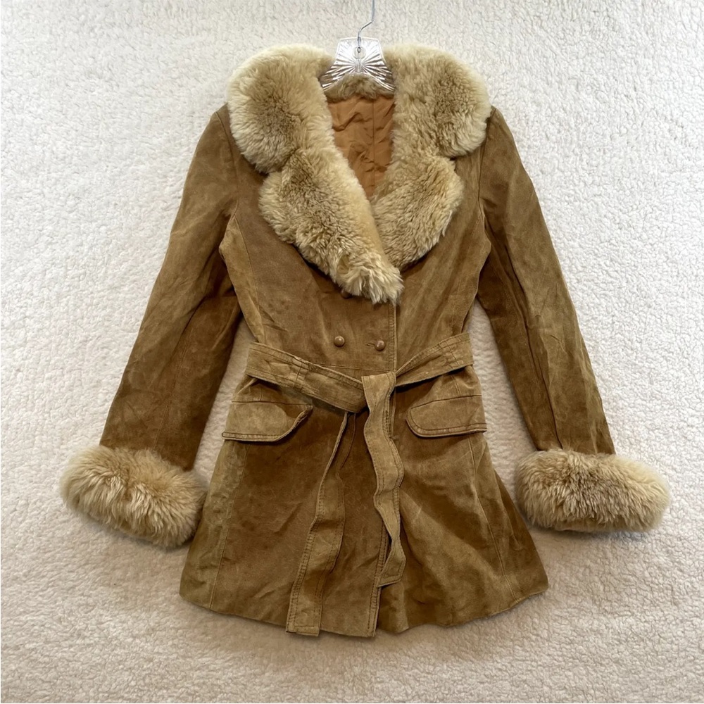 90s Y2K Vintage Khaki Tan Fur Trim Suede Leather Coat Jacket Penny Lane Jacket